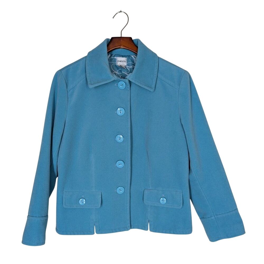 Chicos Size 2 (US Large) Blue Aqua Lined Soft Felted Button Up Blazer Jacket